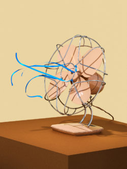 photo illustration of table fan blowing ribbons